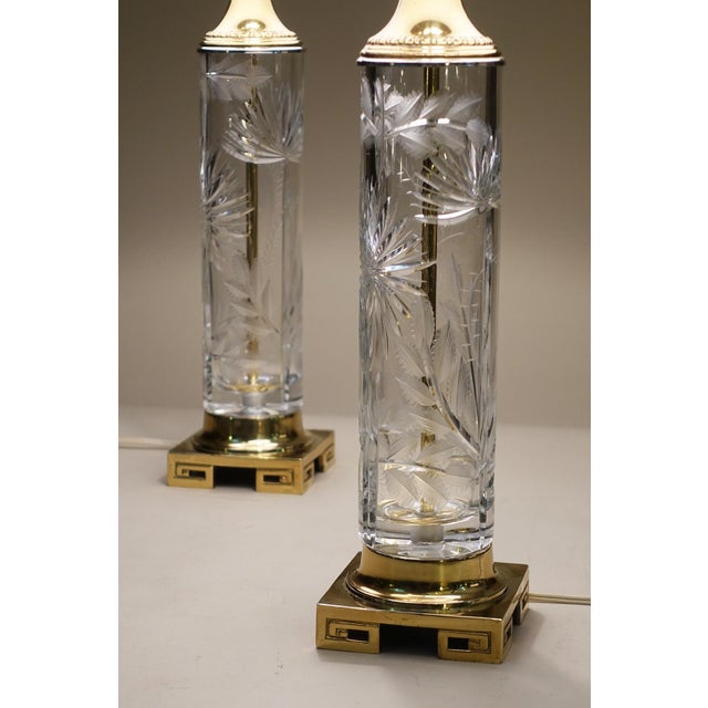 1960s Matched Pair Large Dresden Hollywood Regency Cut Crystal Glass Brass Column Table Lamps - a Pair For Sale In Los Angeles - Image 6 of 15