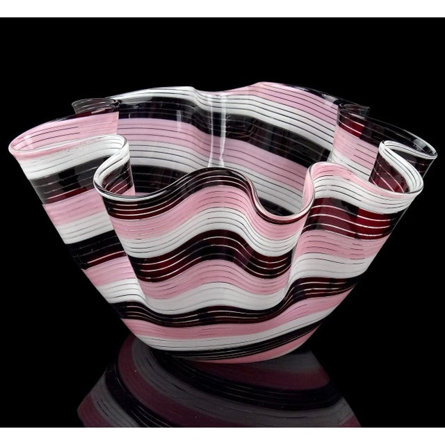 Murano Vintage Murano Dark Purple Pink White Swirling Ribbons Italian Art Glass Decorative Fazzoletto Flower Vase For Sale - Image 4 of 8