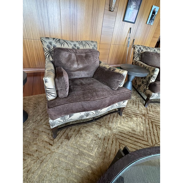 Donghia Upholstered Lounge Chair – Tropical Patterned Exterior & Solid Interior Elegant Donghia armchair featuring plush...
