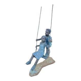 Late 20th Century Large Bronze Boy and Girl Children Swinging Garden Outdoor Statue Sculpture For Sale