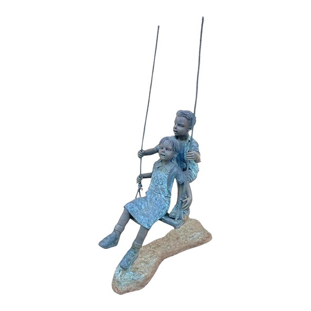 Late 20th Century Large Bronze Boy and Girl Children Swinging Garden Outdoor Statue Sculpture For Sale