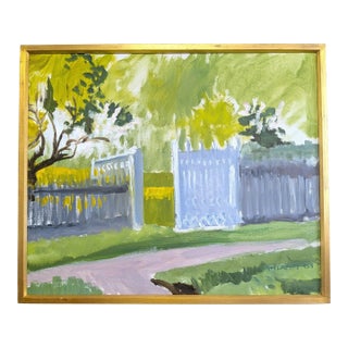 1961 Mid-Century Modern 'Garden Gate in Spring' Vintage Original Landscape Oil Painting, Framed For Sale