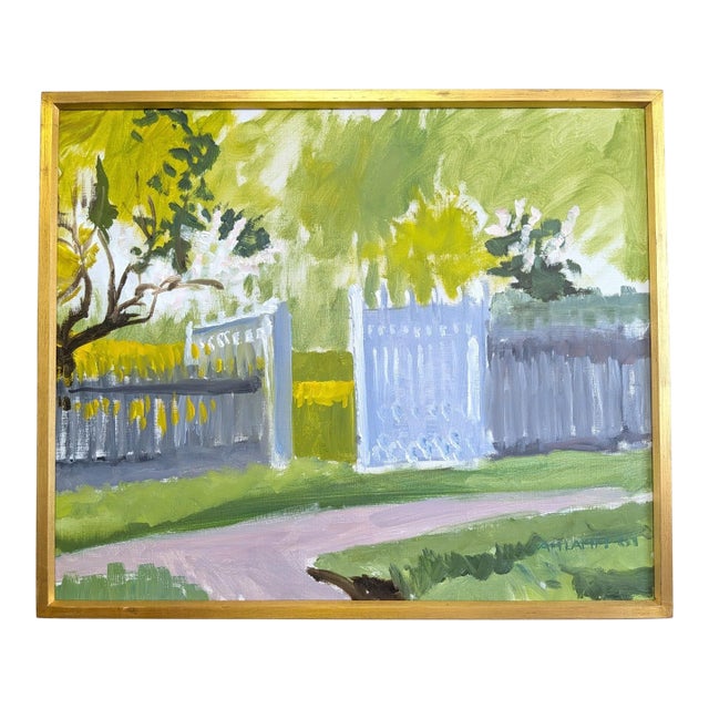 1961 Mid-Century Modern 'Garden Gate in Spring' Vintage Original Landscape Oil Painting, Framed For Sale