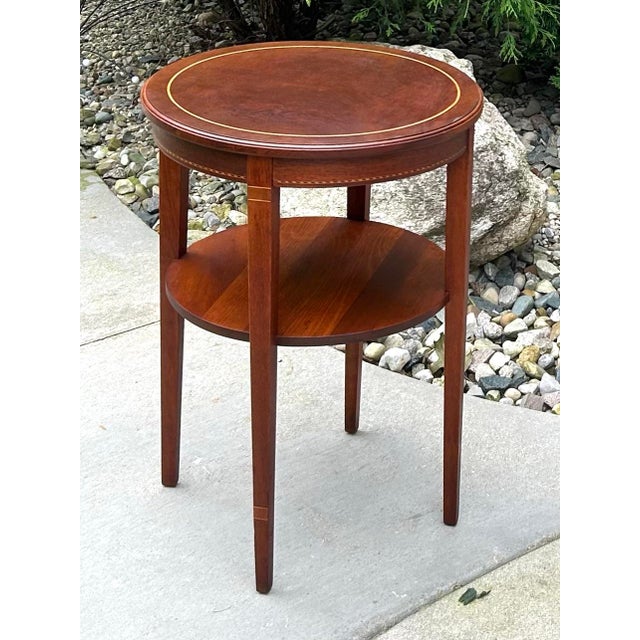 1950s Vintage, Mahogany, Round End/Side Table, With Shelf, and Inlaid Wood Design, Federal Style, 1950’s For Sale - Image 5 of 11