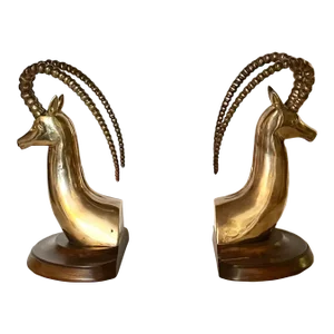 Mid Century Brass and Wood Ibex/Antelope Bookends by Sarreid- a Pair