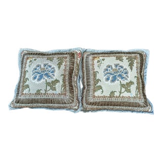 A Pair of Scalamandre Silk Embridered Fabric With Woven Looped Beaded Cord and Velvet Borders For Sale