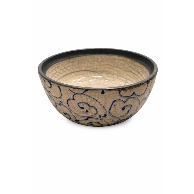 1970s Vintage Studio Pottery Crackle-Glazed Bowl With Cobalt Decoration, Postmodern Influence For Sale - Image 5 of 9