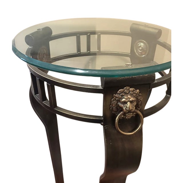 1980s Neoclassical Stainless Steel & Brass Lion Head Pedestal Plant Stand With Glass Top For Sale - Image 5 of 5