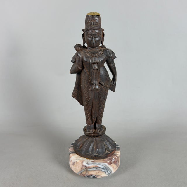 Artigianale, Ancient Asian Statues Deities, 20th Century, Carved Wood and Marble, Set of 2 For Sale - Image 6 of 11