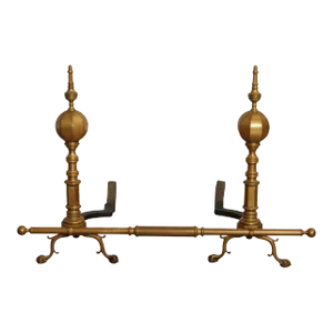 Federal Style Pair Of Brass Andirons And Poker