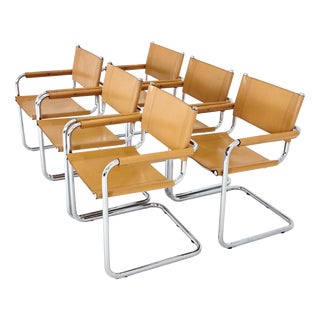 Mid-Century Modern Bauhaus Leather B34 Armchairs by Mart Stam & Marcel Breuer for Fasem, Italy, 1985, Set of 6 For Sale