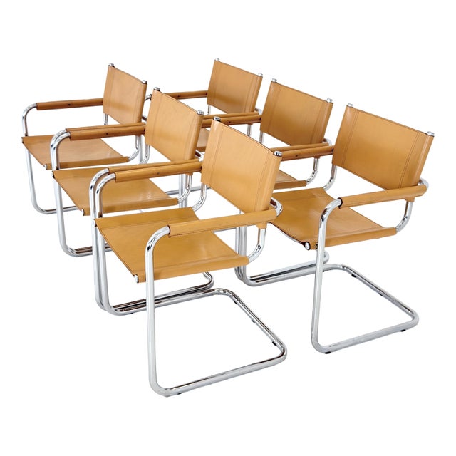 Mid-Century Modern Bauhaus Leather B34 Armchairs by Mart Stam & Marcel Breuer for Fasem, Italy, 1985, Set of 6 For Sale