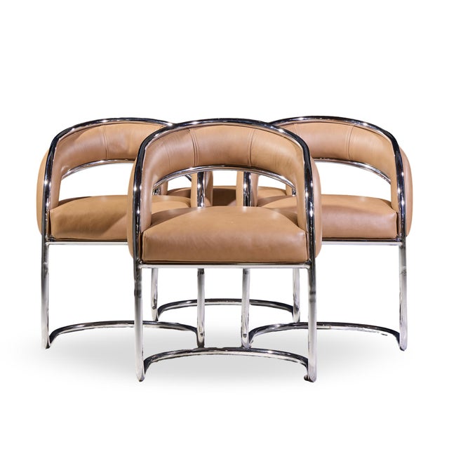 Giotto Stoppino Style Mid Century Chrome and Leather Dining Chairs - Set of 4 Each chair measures: 24 wide x 22.5 deep x...