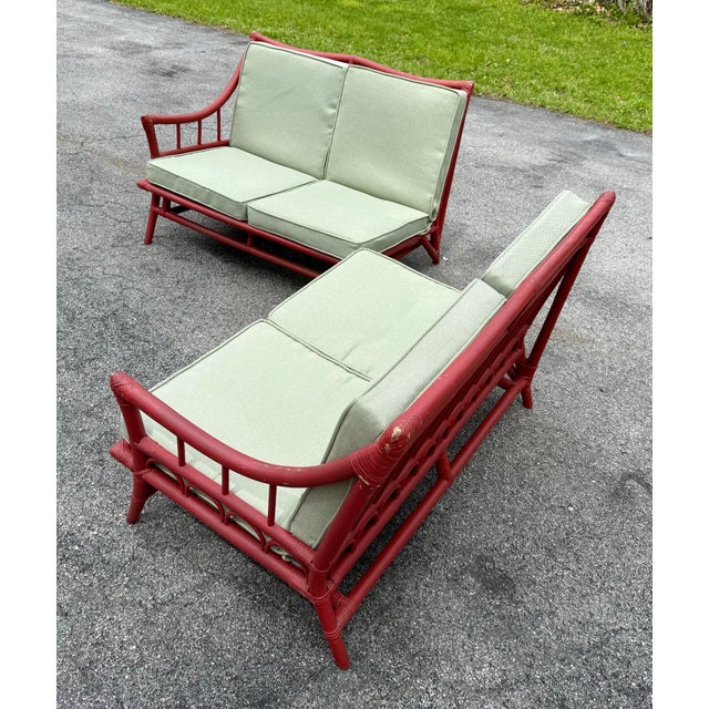 Wood 1950’s Ficks Reed / McGuire Style 2-Piece Sectional Sofa in Red For Sale - Image 7 of 12