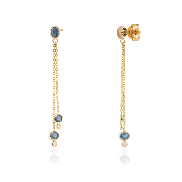 Metal 18k Gold Linear Drop Dangle Earrings With 1.2ct Blue Sapphire & Diamond- A Pair For Sale - Image 7 of 14