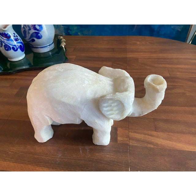 Mid 20th Century Vintage Hand-Carved Alabaster Elephant Sculpture – Mid-Century White Stone Figurine For Sale - Image 5 of 12