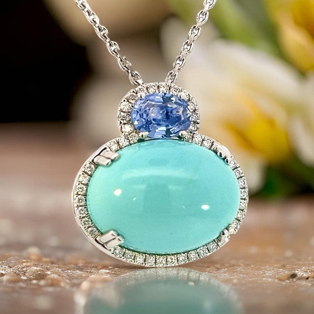 Persian Turquoise Sapphire Diamond Necklace 17" 14k WG 19.03 TCW Certified For Sale - Image 4 of 15