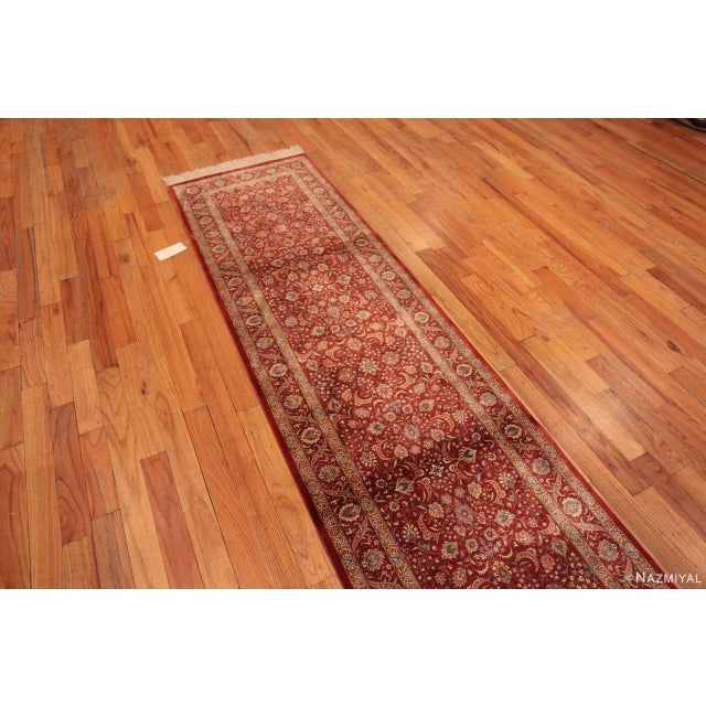 Red Fine Floral Luxurious Vintage Persian Qum Silk Hallway Runner Rug, country of origin: Persian Rugs, Circa date: Vintage