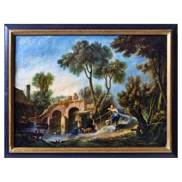French School Artist, Landscape with Figures, Oil on Canvas, 19th Century, Framed For Sale