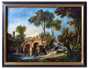 French School Artist, Landscape with Figures, Oil on Canvas, 19th Century, Framed