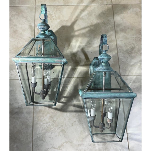 Pair of Vintage Solid Brass Lanterns - 10”w X 11” X 20”.5 High For Sale - Image 9 of 12
