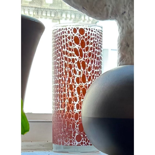 Contemporary Circa 1995 Egizia Italy Contemporary Abstract Dark Red Screen-Printed Pattern on Colorless Cylindrical Glass Vase For Sale - Image 3 of 14