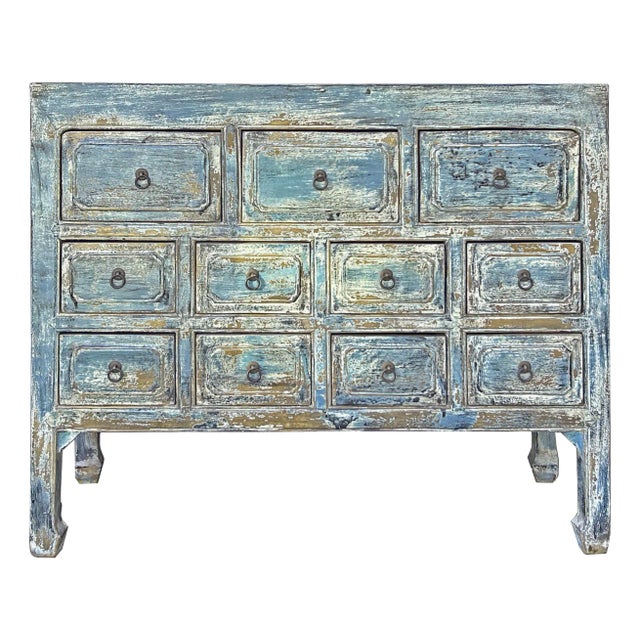 Distressed Turquoise Blue Stone Top 11 Drawers Credenza Sideboard Cabinet For Sale