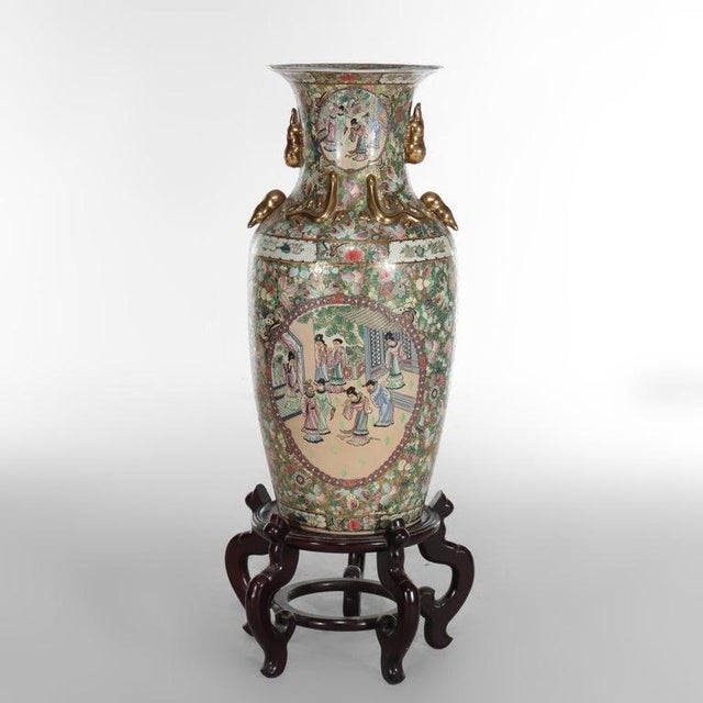 Monumental Vintage Chinese Rose Medallion Vase With Carved Hardwood Base 20thC For Sale - Image 6 of 11