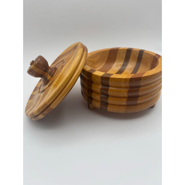 1996 Handcrafted Laminated Wood Lidded Bowl With Geometric Inlay For Sale - Image 11 of 11
