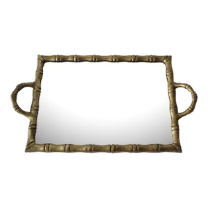 Vintage Modern Brass Finish Metal Faux Bamboo Mirrored Cocktail Serving Tray