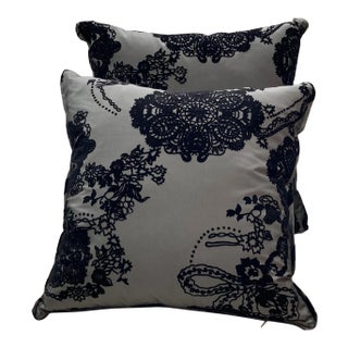 Contemporary Noire Flocked Throw Pillows as a Pair For Sale