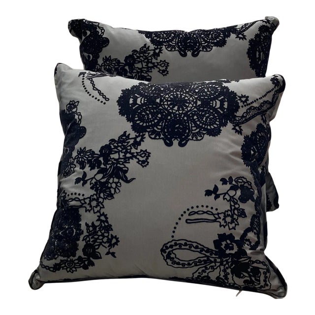 Contemporary Noire Flocked Throw Pillows as a Pair For Sale
