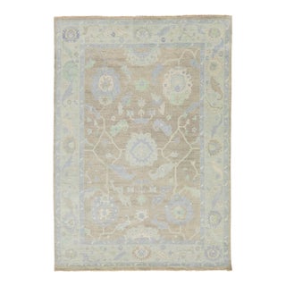 10x14 Modern Oushak Style Hand-Knotted Wool Rug in Neutral Beige & Slate Blue For Sale