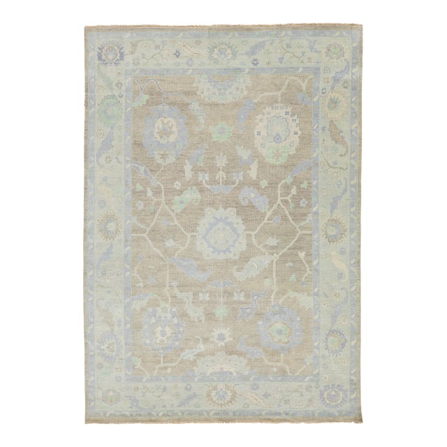10x14 Modern Oushak Style Hand-Knotted Wool Rug in Neutral Beige & Slate Blue For Sale