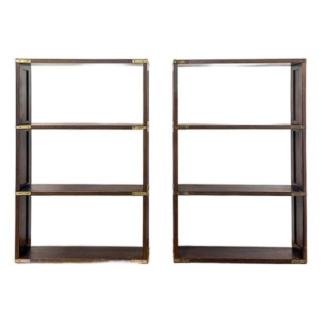Bombay Company Campaign Style Shelf Pair Brass Trim Vintage Traditional For Sale