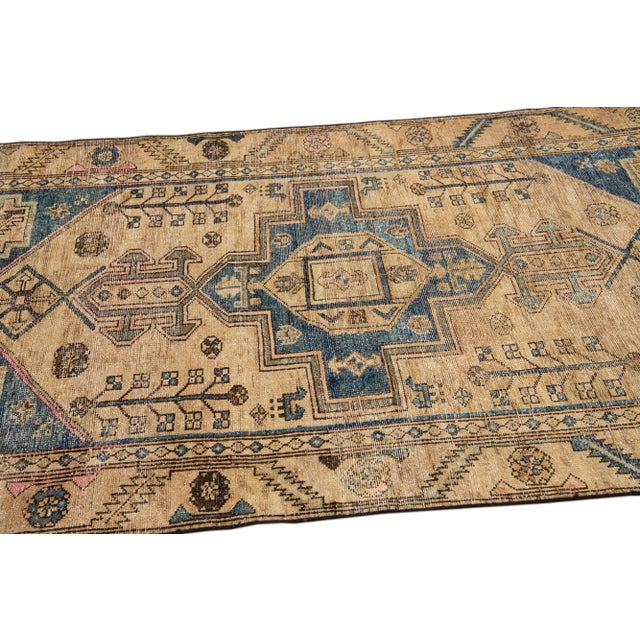1960s Vintage Persian Distressed Handmade Geometric Tan Wool Rug For Sale In New York - Image 6 of 7
