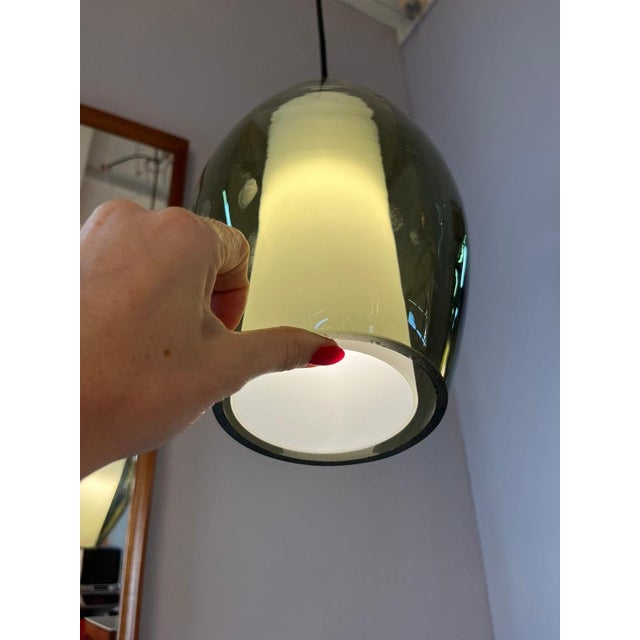 Pendant Lamp with Smoked Glass Shade and Opal Glass Insert and Teak Applications For Sale - Image 9 of 11