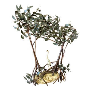 Vintage Sculptural Coastal Still Life Patinated Cooper Mangrove Heron Sculpture by Jim Lewk For Sale