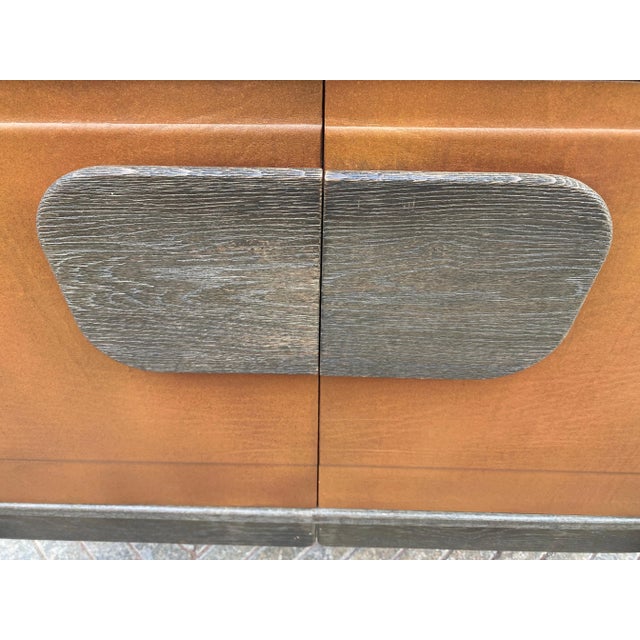 Mid-Century Modern 1970's Space Age Oak and Leather European Cabinet For Sale - Image 3 of 12