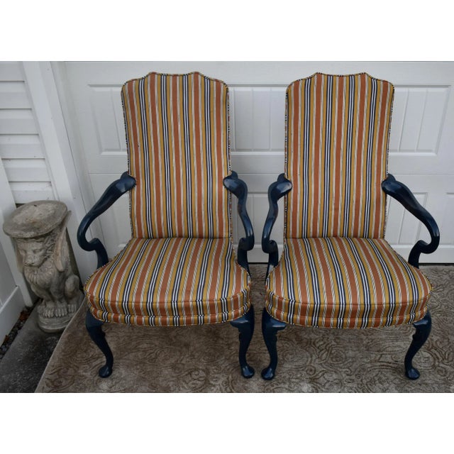 Hickory Chair High Back Armchairs Vintage Hollywood Regency Striped Accent Pair For Sale - Image 10 of 11
