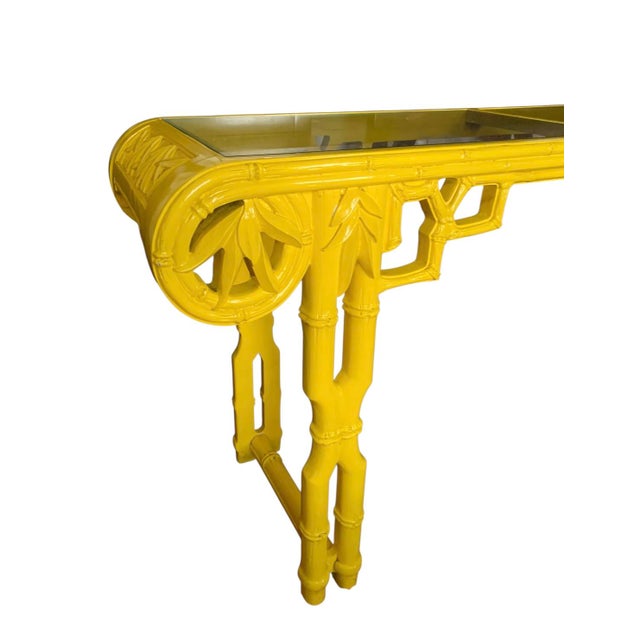 1970s Yellow Lacquer Ornate Pagoda Console For Sale - Image 4 of 6