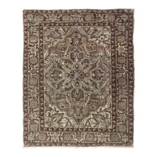 Vintage Persian Heriz Rug With Medallion Design in Brown Tone 4'1 X 5'6 For Sale