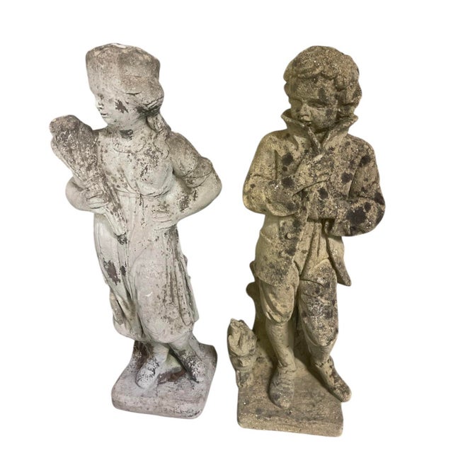 Pair of Vintage Weathered Cast Stone "Country Life" Garden Statues For Sale - Image 4 of 8