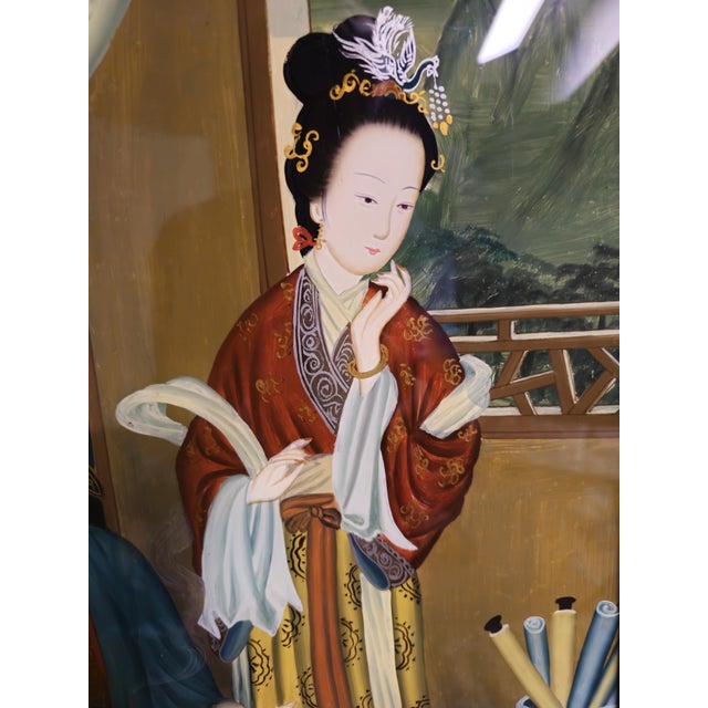 Chinese 1920s Chinese Art Reverse Glass Painting Wooden Frame For Sale - Image 3 of 11