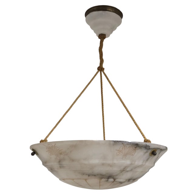Contemporary Early 20th Century Hand Carved French White+ Grey Alabaster W/Carved Detail, Alabaster Canopy +Cord For Sale - Image 3 of 16