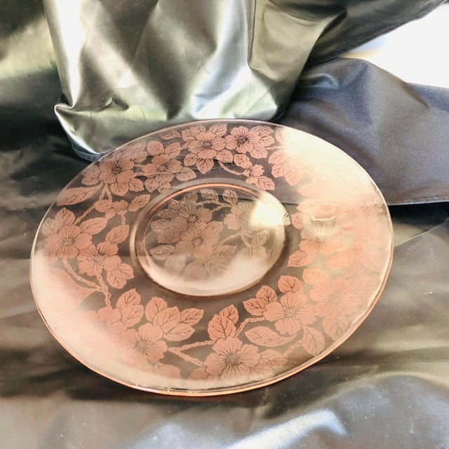 Vintage Pink Glass With Dogwood Pattern Serving Platter, Serving Dish ,11.6"D No makers mark in excellent condition.