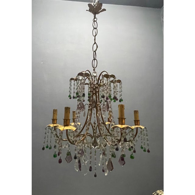 Italian Florentine Tole Gilt Murano Glass Beaded 6-Light Chandelier, 1950s For Sale - Image 4 of 17