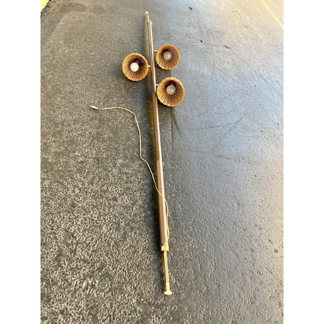 Eames Mid 20th Century Tension Pole Floor Lamp With Wicker Shades For Sale - Image 4 of 12