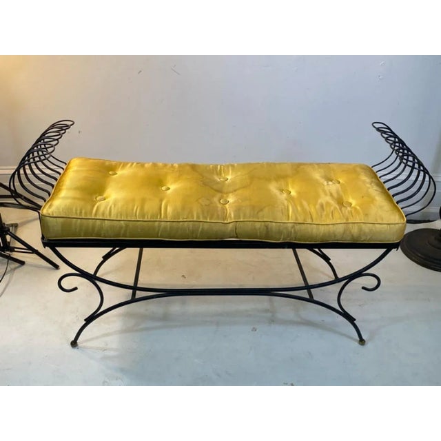 Mid Century Black Enamel Metal Bench With Curlicue Accents With Brass Ball Feet. Designed in The 1950's With Original...