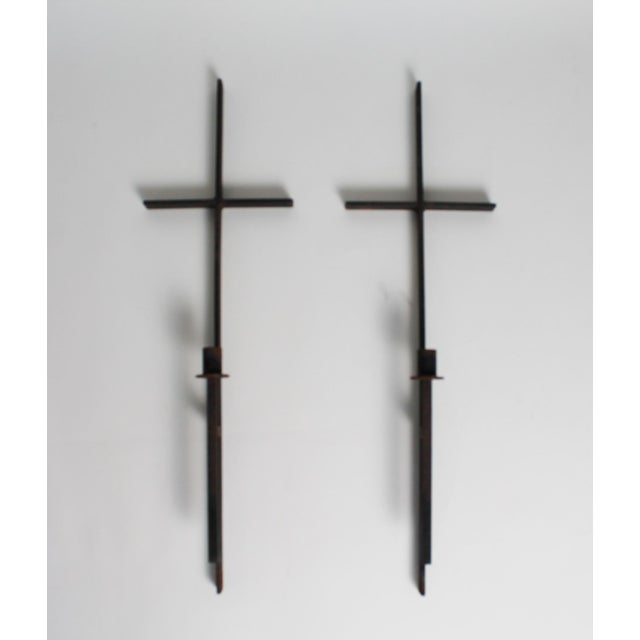 Vintage wrought iron cross candelabra wall sconces attributed to Van Keppel-Green, a Pair, Circa 1960s. No makers mark....